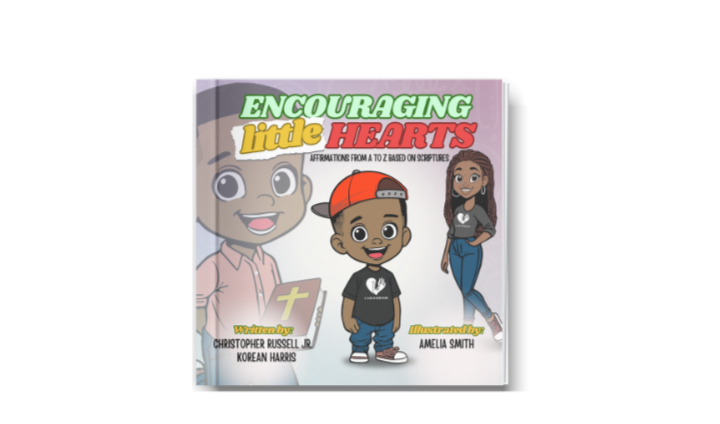 Book titled 'Encouraging Little Hearts' with cartoon characters on a white background