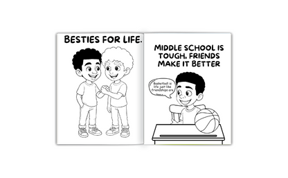Cartoon strip with two friends and a basketball, with text about middle school and friendships.