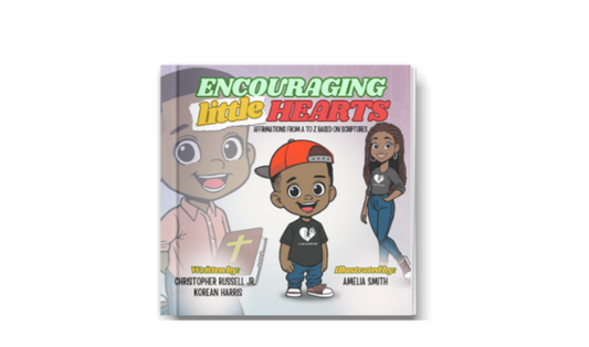Book titled 'Encouraging Little Hearts' with cartoon characters on a white background